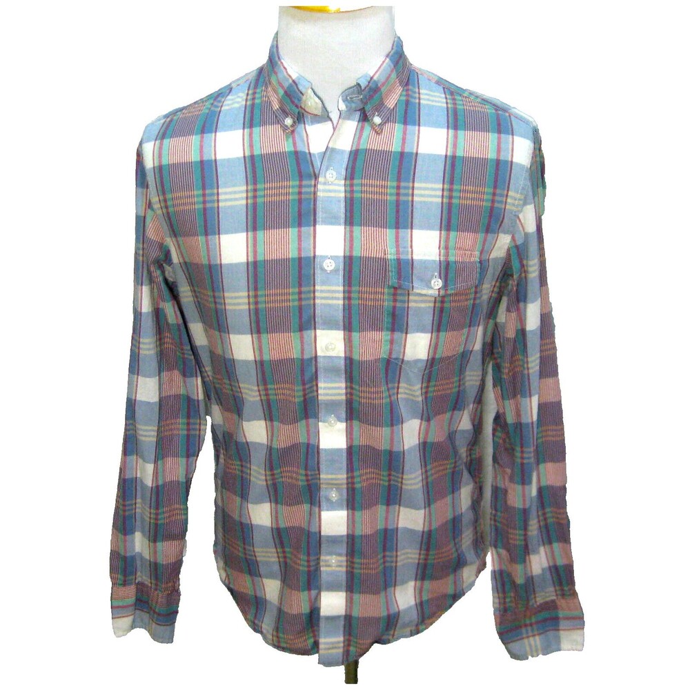J.Crew Mens (Size Medium) Blue Red Plaid Long Sleeve Button Front Shirt Slim Fit